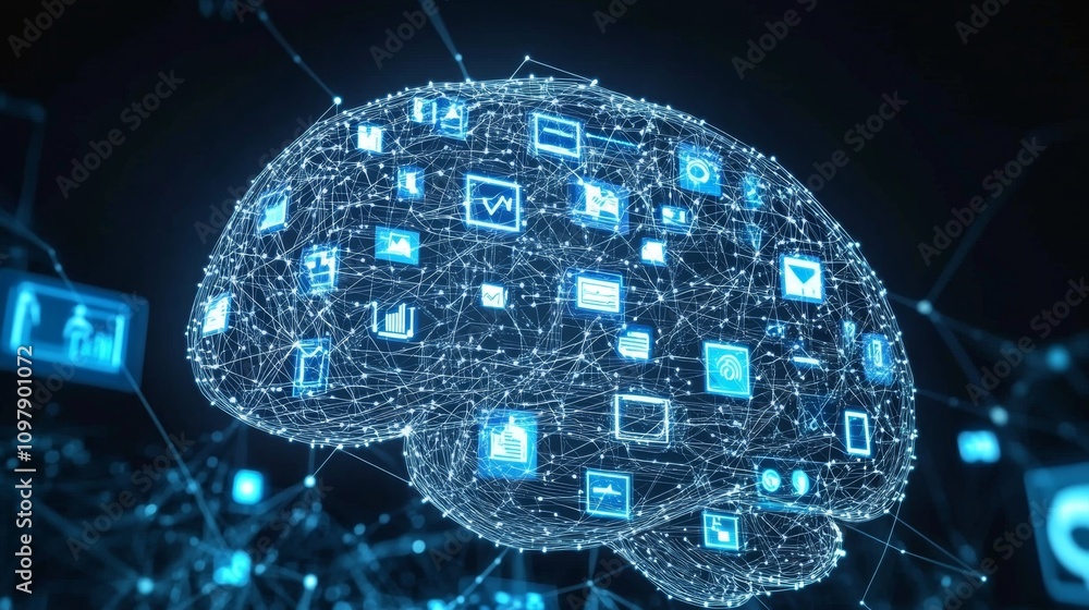 Poster digital brain visualization with swirling lines and business icons