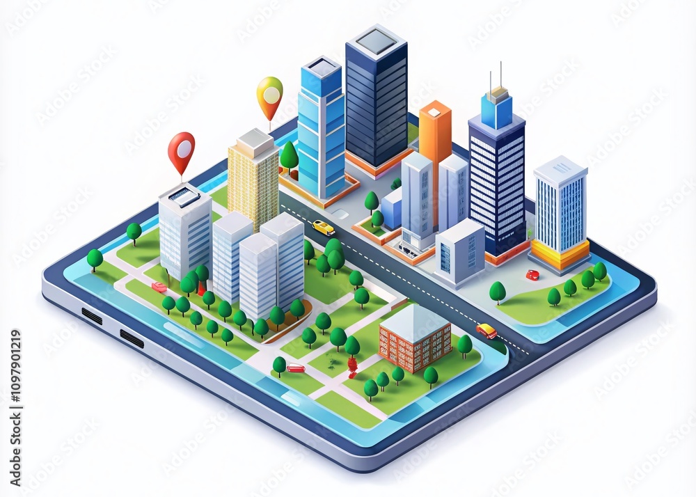 Aufkleber isometric city map with gps navigation on mobile app, featuring buildings and roads, showcasing smar