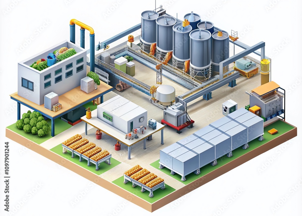 Poster isometric design of a food plant with high depth of field for industrial distribution simulation sho