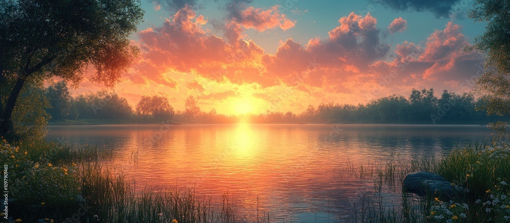 Poster serene sunset reflection over tranquil river with lush greenery and colorful clouds creating a peace