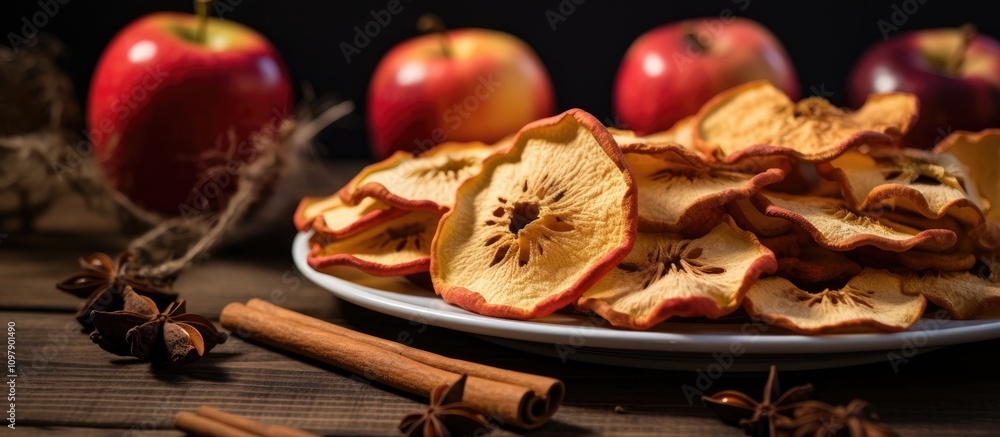 Poster dried apple slices infused with anise on a wooden table with fresh apples and cinnamon sticks in the