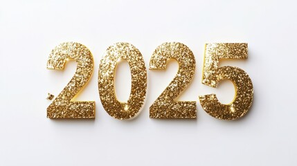 Stylish golden "2025" in a glittery finish, glowing radiantly on a plain white backdrop