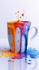 A cup with multi-colored paint that spills and flows over the edges of the cup, creating an unreal effect that flows down its surface. Bright colors,