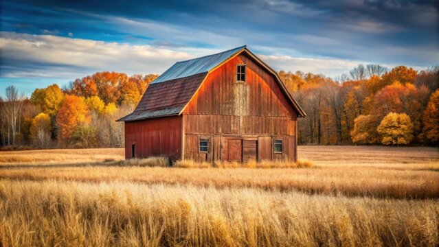 A rustic red barn stands tall amidst a field of golden grass, surrounded by a vibrant tapestry of autumn foliage, under a canvas of blue sky and fluffy clouds.
