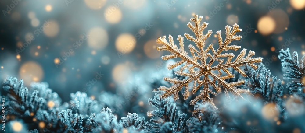 Poster festive snowy background with shimmering bokeh and delicate snowflake decorations on frosted evergre