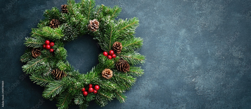 Poster christmas wreath made of fir branches with pine cones and red berries on dark background space for c