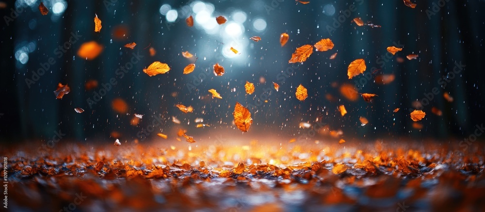 Aufkleber autumn leaves falling gently in a misty forest after rainfall creating a serene and tranquil atmosph