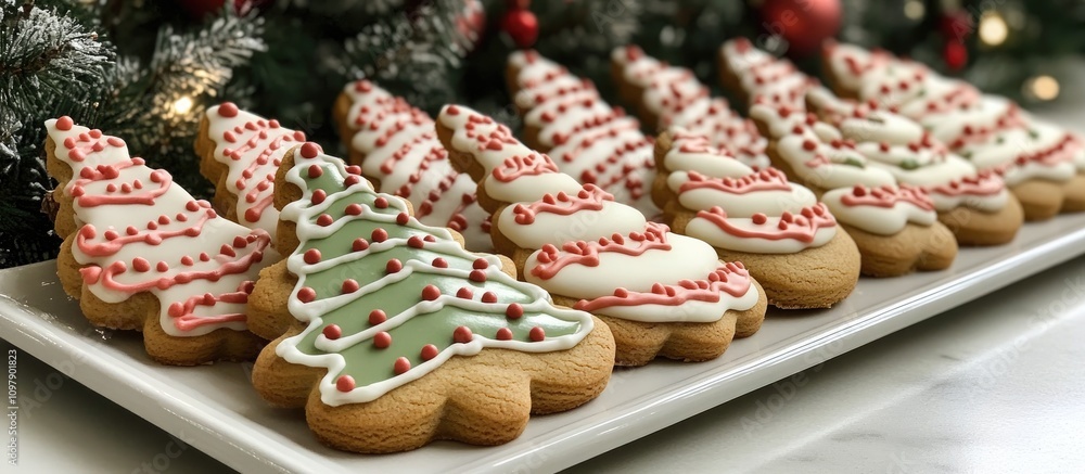 Canvas Prints Homemade Christmas gingerbread cookies shaped like trees beautifully decorated on a festive table with holiday backdrop elements.