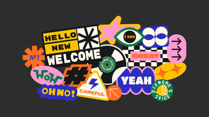 Futuristic y2k patches, labels, tags, stickers, bracelet stamps in retro style. Cartoon stickers in funky hipster groovy grunge 90s style. Vector set, trendy promo labels