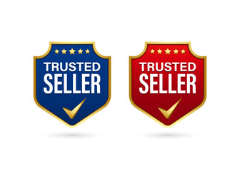 Set of trusted seller shield logo label badge in blue and red color gradient with gold check mark and stars. Vector design for verified product, best seller product or marketing promotion.