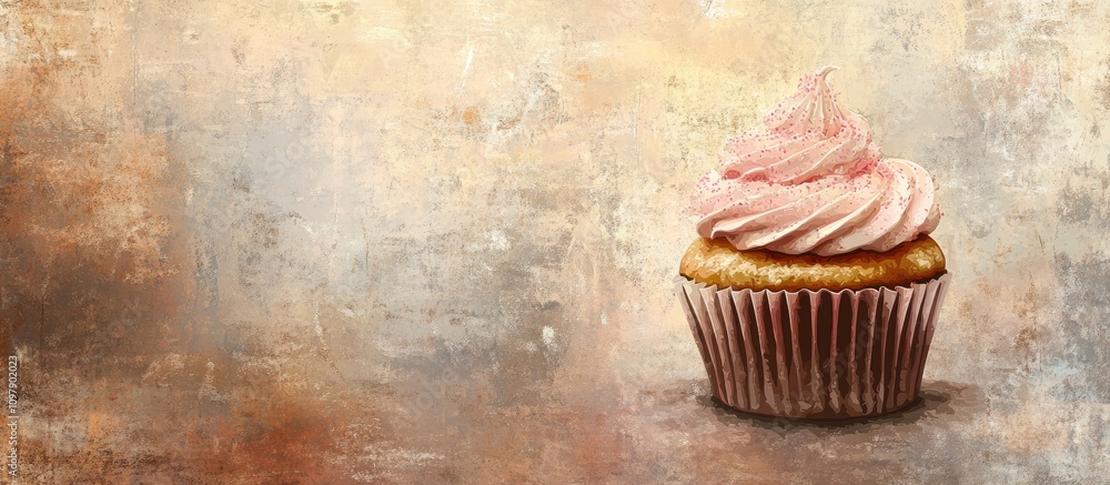 Poster cupcake with pink frosting on a textured grunge background creating a rustic and appetizing aestheti