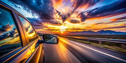 Fototapeta premium Journey Through the Open Road: Capturing the Spirit of Travel with Reflections in the Rearview Mirror, Expansive Landscapes, Flowing Traffic, and a Dynamic Sky Above