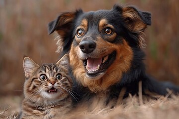 A cat and a dog sit outside with pensive expressions. The atmosphere is friendly, and they seem to be enjoying each other's company. Their calm demeanor creates a sense of harmony.