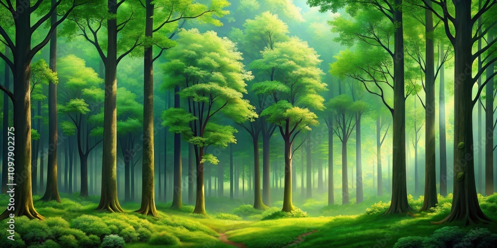 Poster Sunlight filtering through the dense canopy of a verdant forest, illuminating a path leading deeper into the woods
