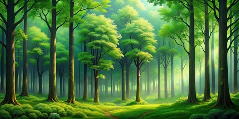 Sunlight filtering through the dense canopy of a verdant forest, illuminating a path leading deeper into the woods