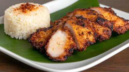 Crispy fried chicken served with fluffy rice