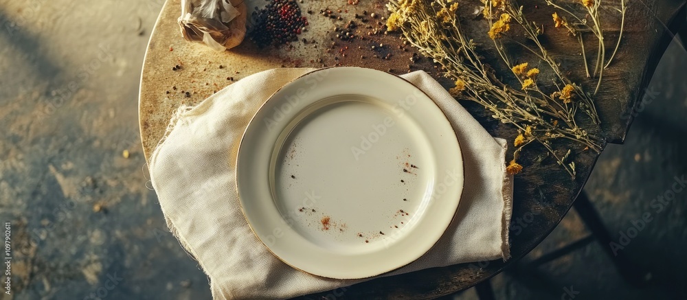Poster empty plate on a rustic table with napkin and spices arranged artistically creating a perfect food m