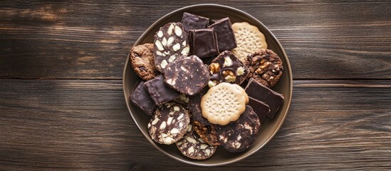 Chocolate salami dessert featuring assorted cookies and walnuts, beautifully arranged on a ceramic plate with a rustic wooden background.