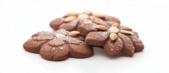Obraz premium Close up of traditional Christmas cookies decorated with almonds on a white background showcasing festive holiday baking details