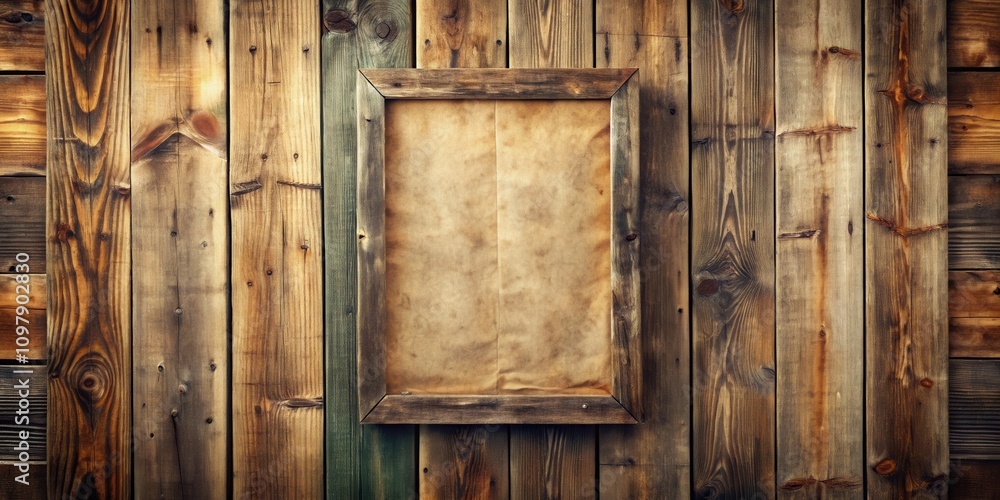 Poster rustic wooden plank wall with a distressed frame and blank paper for a message or announcement
