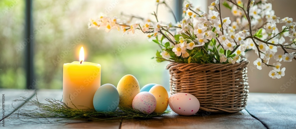 Poster easter basket with colorful eggs and a candle surrounded by flowers on a rustic table creating a fes