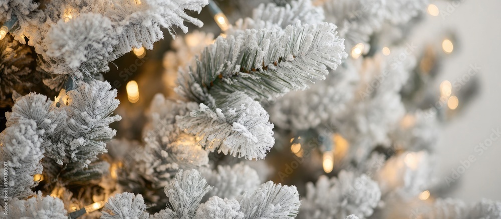 Poster frosted pine tree branches adorned with soft white lights and neutral decorations creating a serene 