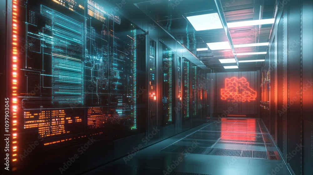 Poster an advanced server room featuring rows of high-performance servers with blinking lights, emphasizing