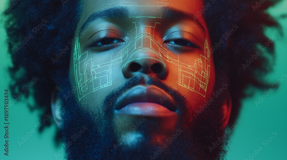 Aufkleber intense close up portrait of a bearded man with geometric digital facial patterns illuminated by sof