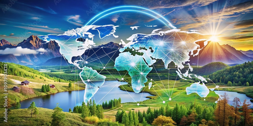 Poster landscape with world map background for password security business focused on digital technology and