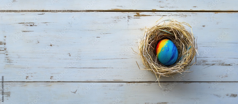 Poster handcrafted colorful easter egg nestled in a straw nest on a rustic wooden background creating a fes