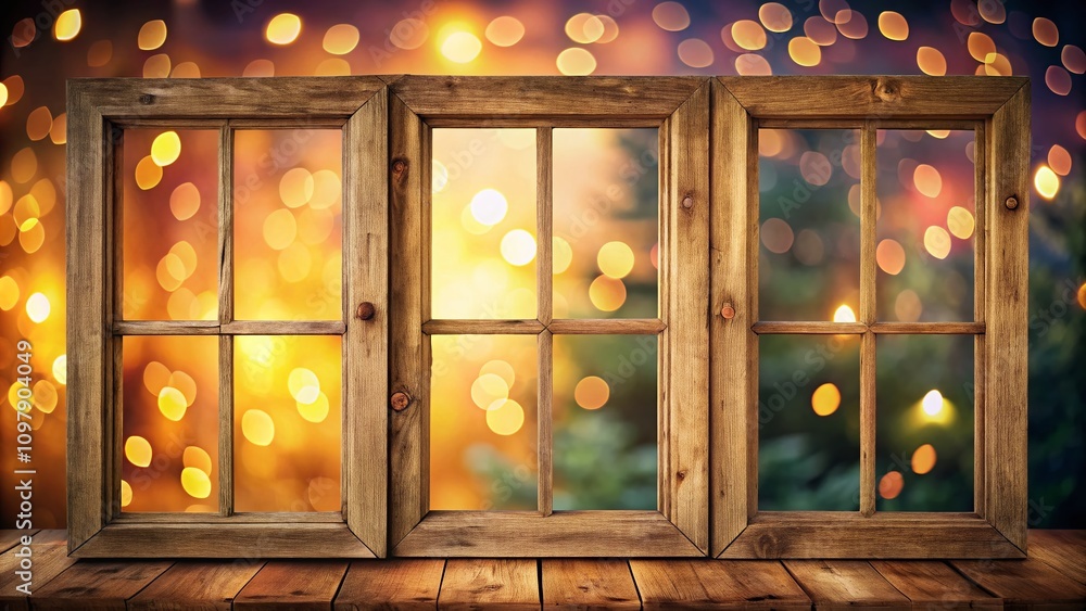 Poster light brown wooden window frame with three parts showcasing bokeh effect, capturing the serenity of 