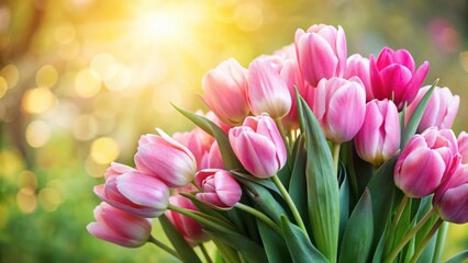 Obraz premium A bouquet of pink tulips in soft focus with a sunlit background and bokeh effect.