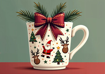 Obraz premium Playful Christmas Mug with Vibrant Burgundy Bow Beautifully Illustrated in Smooth Flat Art Style