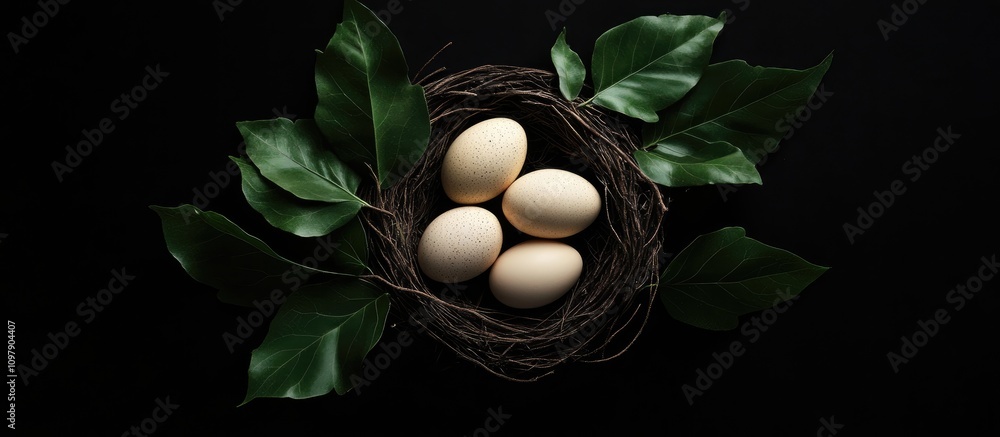 Aufkleber easter nest composition with eggs and green leaves on a black background creating a serene springtim