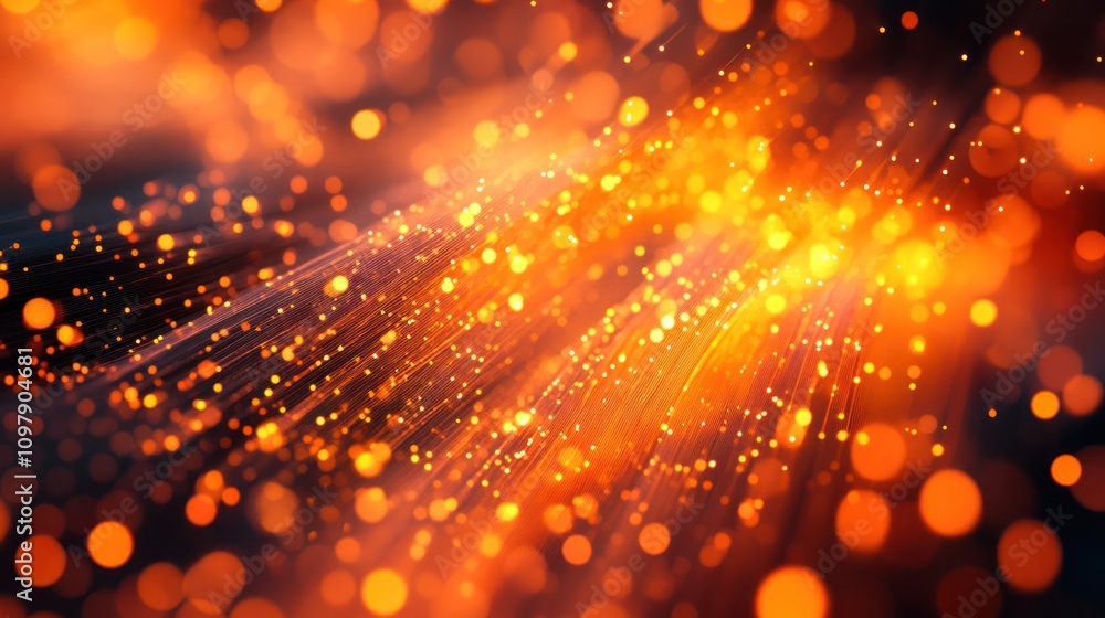 Poster representation of orange particles flowing through a network of optical fibers, illuminated against 