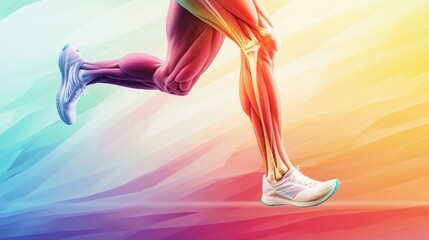 anatomy of a runner, with labeled parts including major muscle groups, joints, and bones. The figure is depicted in mid-stride,