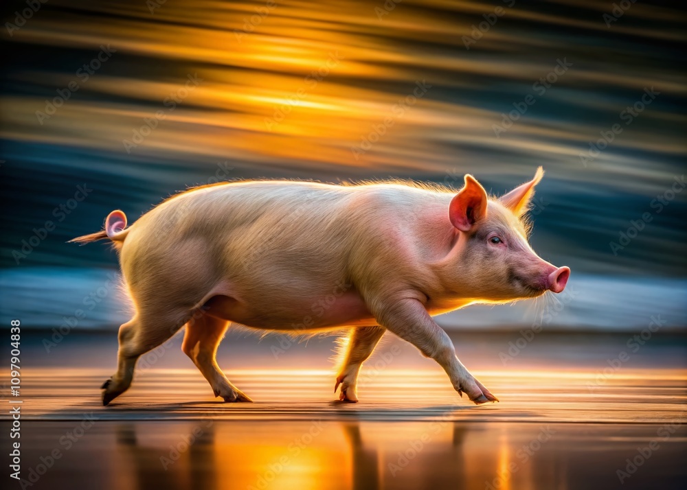 Poster long exposure artistic representation of a pig on a clear background, showcasing unique movement and