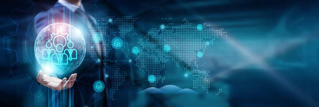 Hand touching with global network connection on technology, innovation, AI, automation, data, and future trends—bridging Human Resources Tech with a futuristic vision.