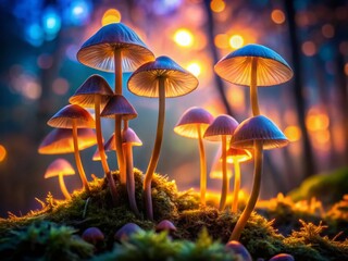 Fototapeta premium Long Exposure Capture of Diverse Mushroom Silhouettes in Unique Artistic Styles Against a Dreamy Background of Soft Light and Blurred Colors for Nature Lovers