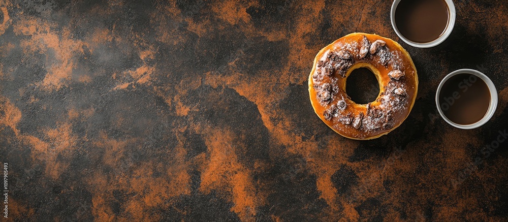 Poster iced donut with nuts on artistic background complemented by two cups of coffee in flat lay view