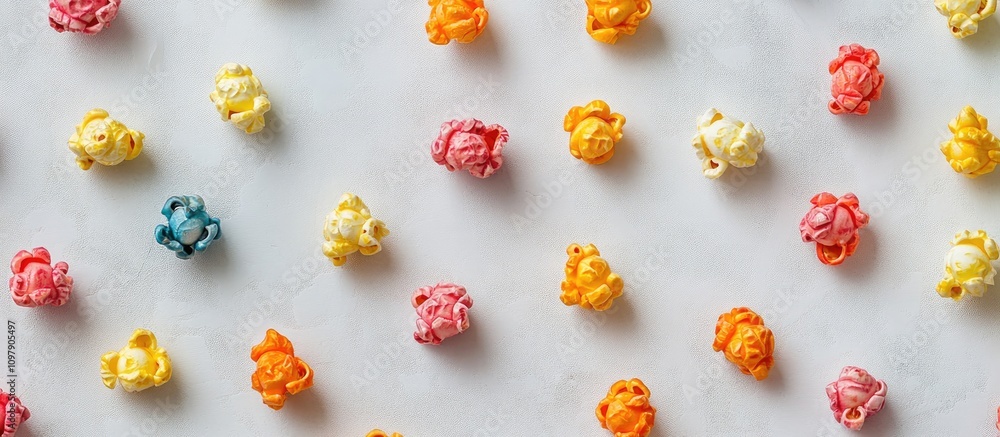 Poster colorful popcorn scattered on a white background creating a vibrant and playful food display