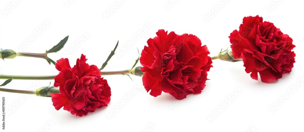 Poster red carnation flowers arranged elegantly on a clean white background with ample copy space for text 