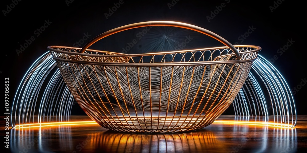 Aufkleber long exposure image of a metal wireframe basket with dynamic light trails in a dark background for m
