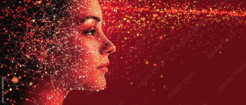 Poster profile of a woman dissolving into a glowing cloud of digital particles against a dark red backgroun