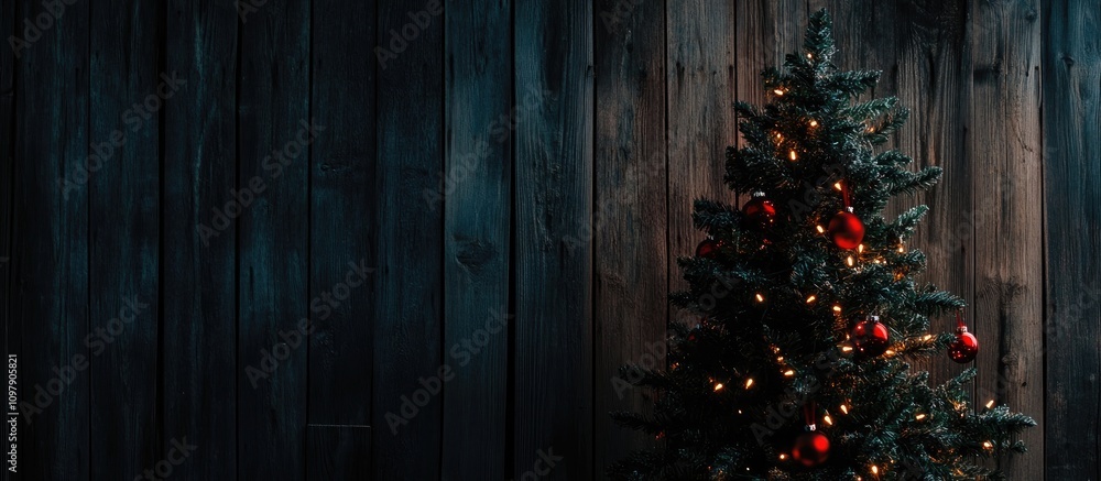 Poster christmas tree adorned with ornaments illuminated by lights against a rustic wooden background with 