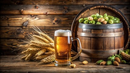 A Frosty Glass of Beer Beside a Rustic Wooden Barrel, Adorned with Wheat and Green Hops, Rests on a Weathered Wooden Table