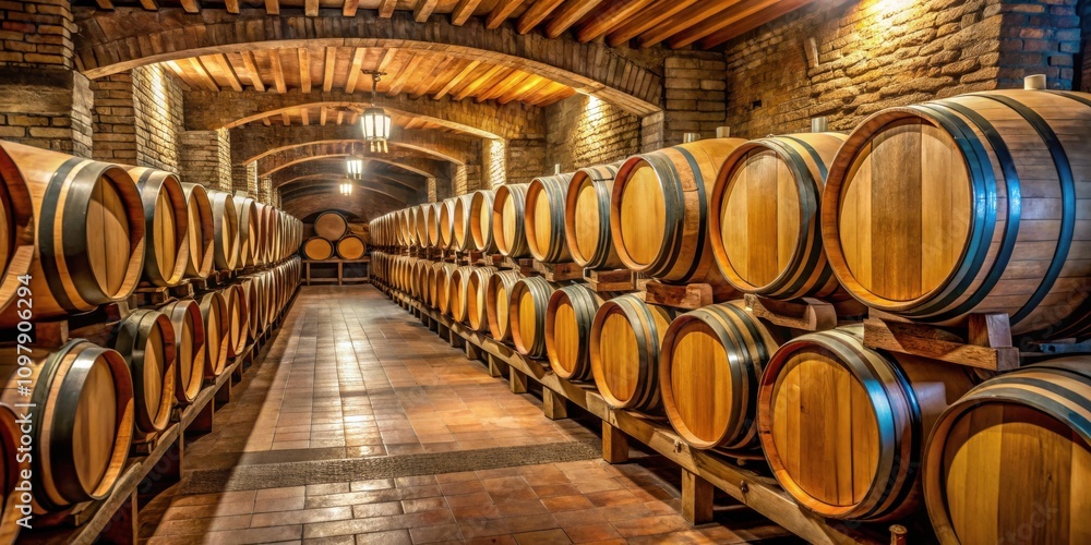 Poster A long, dimly lit wine cellar with rows of wooden barrels stacked high, illuminating a path toward the end of the space.