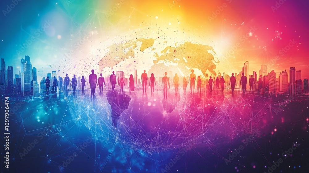 Poster a colorful depiction of global connection featuring diverse silhouettes over a world map, symbolizin