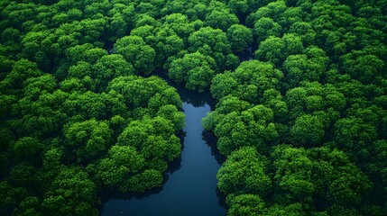Naklejka premium Lush green canopy with a winding river amidst dense forest.