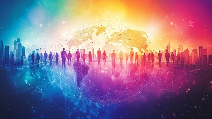 Fototapeta premium A colorful depiction of global connection featuring diverse silhouettes over a world map, symbolizing networking, collaboration, and unity in a vibrant cityscape setting.